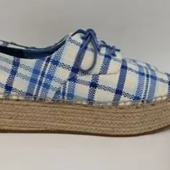 Eleanor Espadrille: Women Tory Burch Plaid Blue and Cream Espadrilles